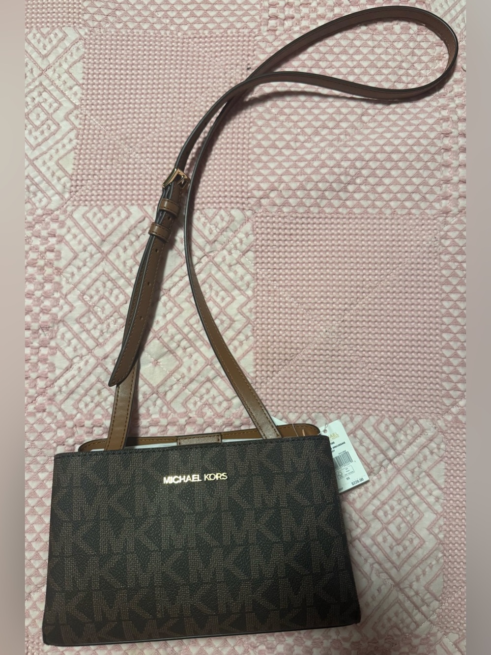 Michael Kors Brown MK Monogram Crossbody with Gold Logo
